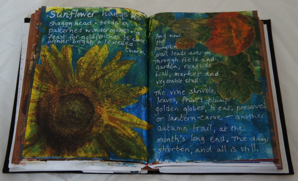 An ordinary notebook transformed with acrylic paint, peper napkin motifs  and a white pen for the text.