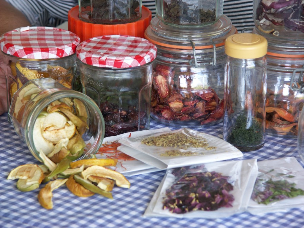 Dehydrated fruit will be the subject of a future post - the jars were photographed with my dried herbs and flower petals stored in bags: calendula, elderflower, rose and marjoram (store in a dark place)