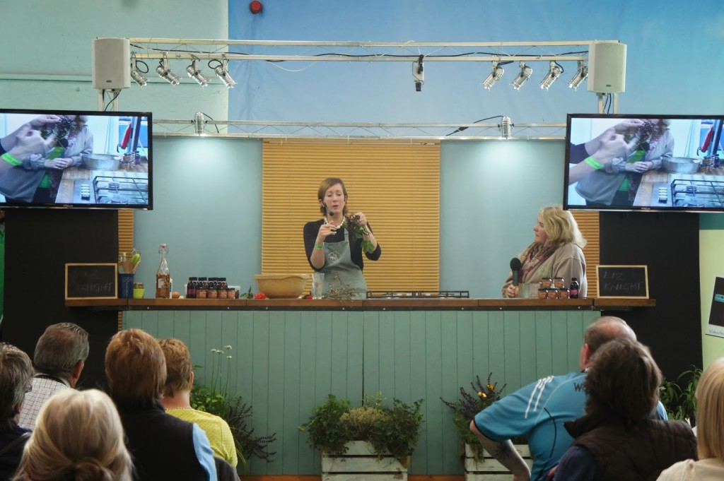 Liz Knight demonstrating in the super-duper mobile cookery unit supplied by Wot's Cooking (Katie Johnson hosts)