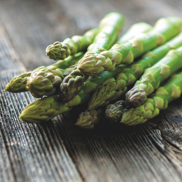 Closeup of asparagus spears on table